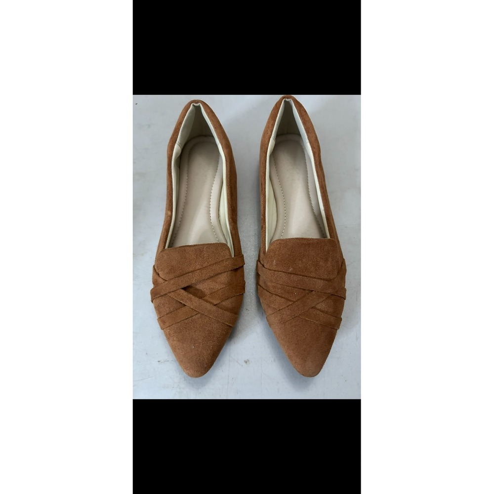 Cognac Brown Faux Suede Pointed Toe Flats with Crisscross Detail‎ Size 8